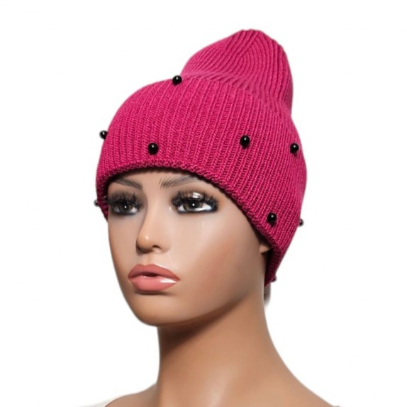 Ciepła czapka zimowa z perełkami Pegi różowa ciemna
